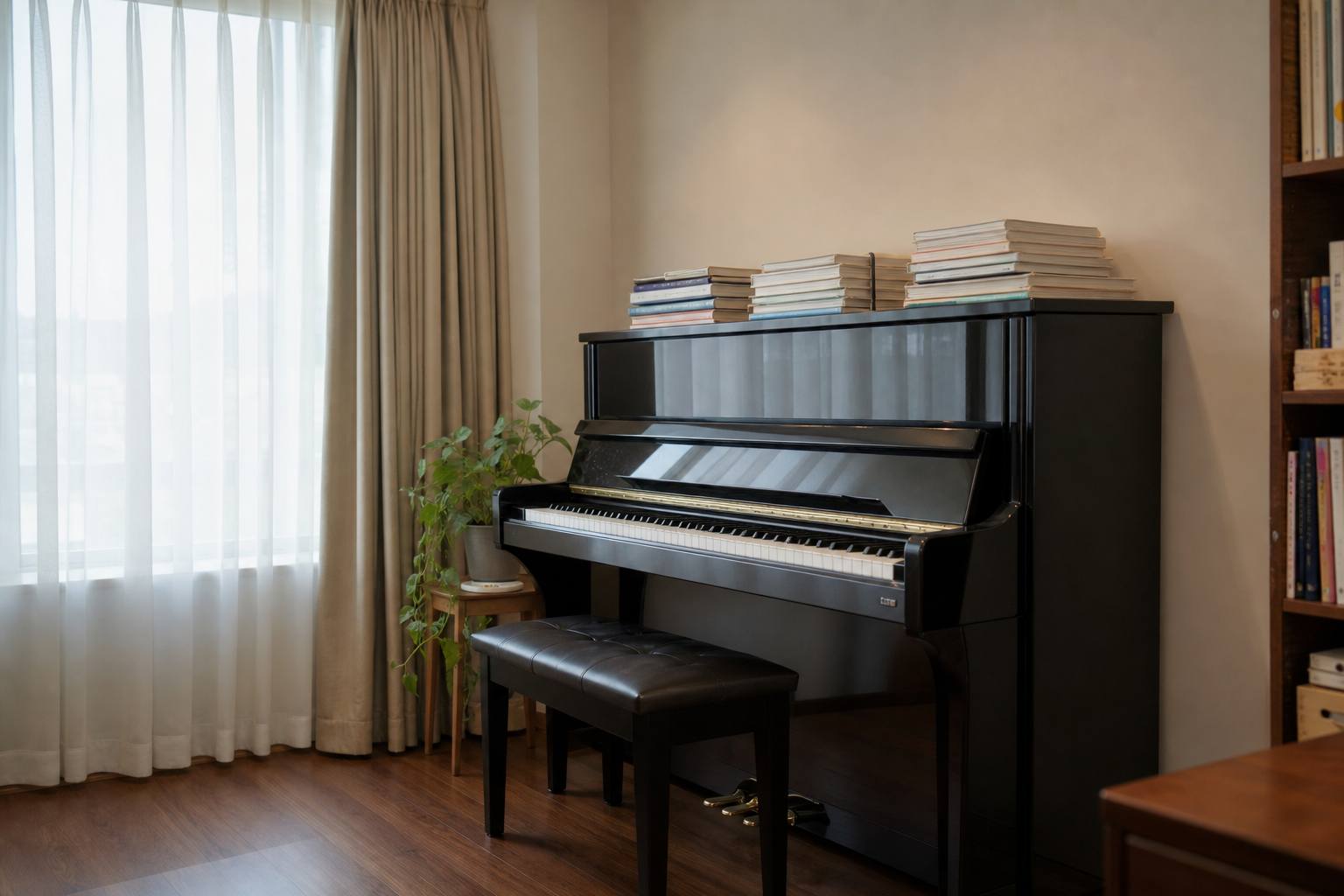 Bright piano studio with a black upright piano, soft daylight, and sheet music